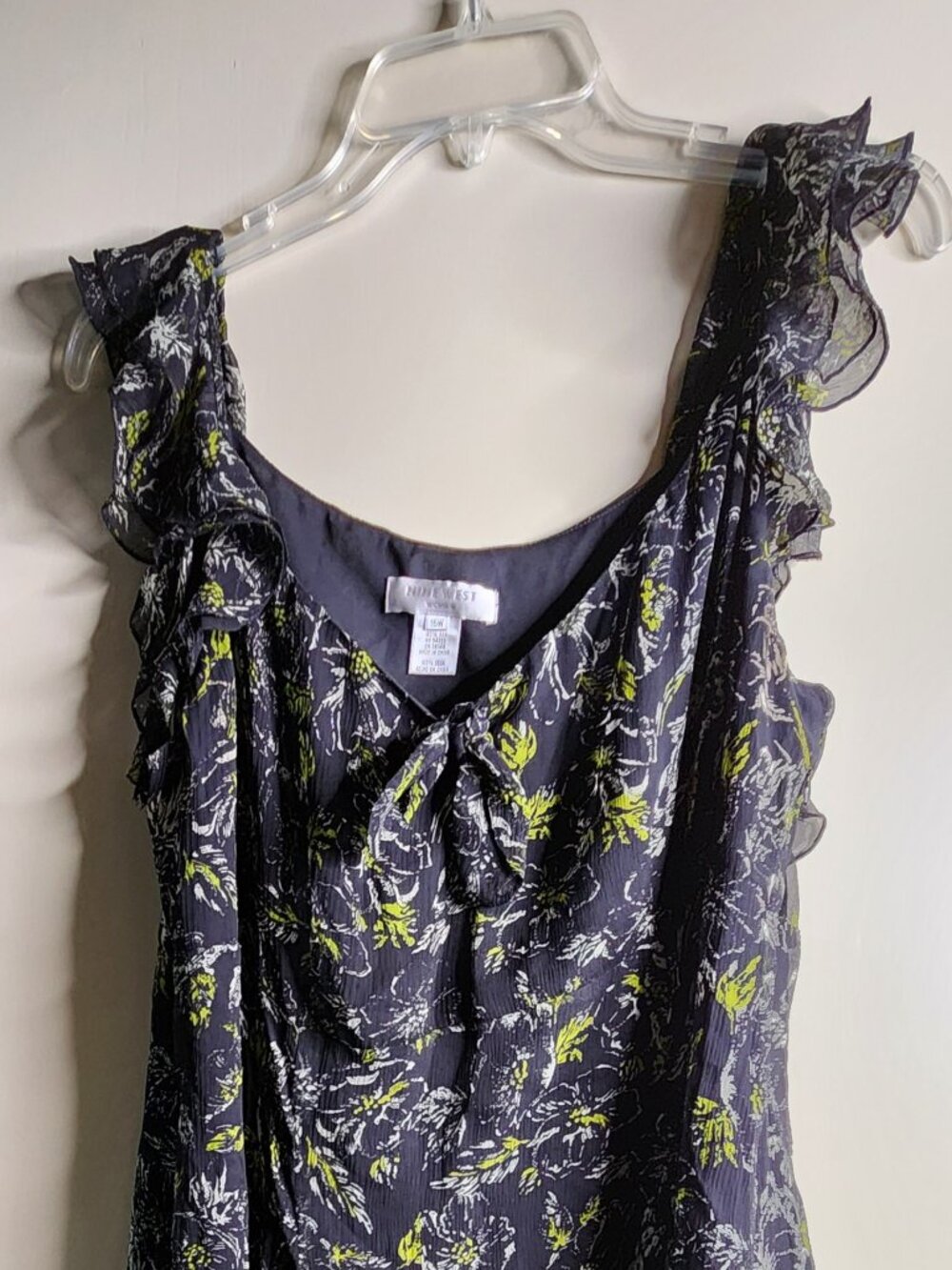 Nine West 100% Silk Dress – 16W, Ruffle Cap Sleeves, Knotted Front